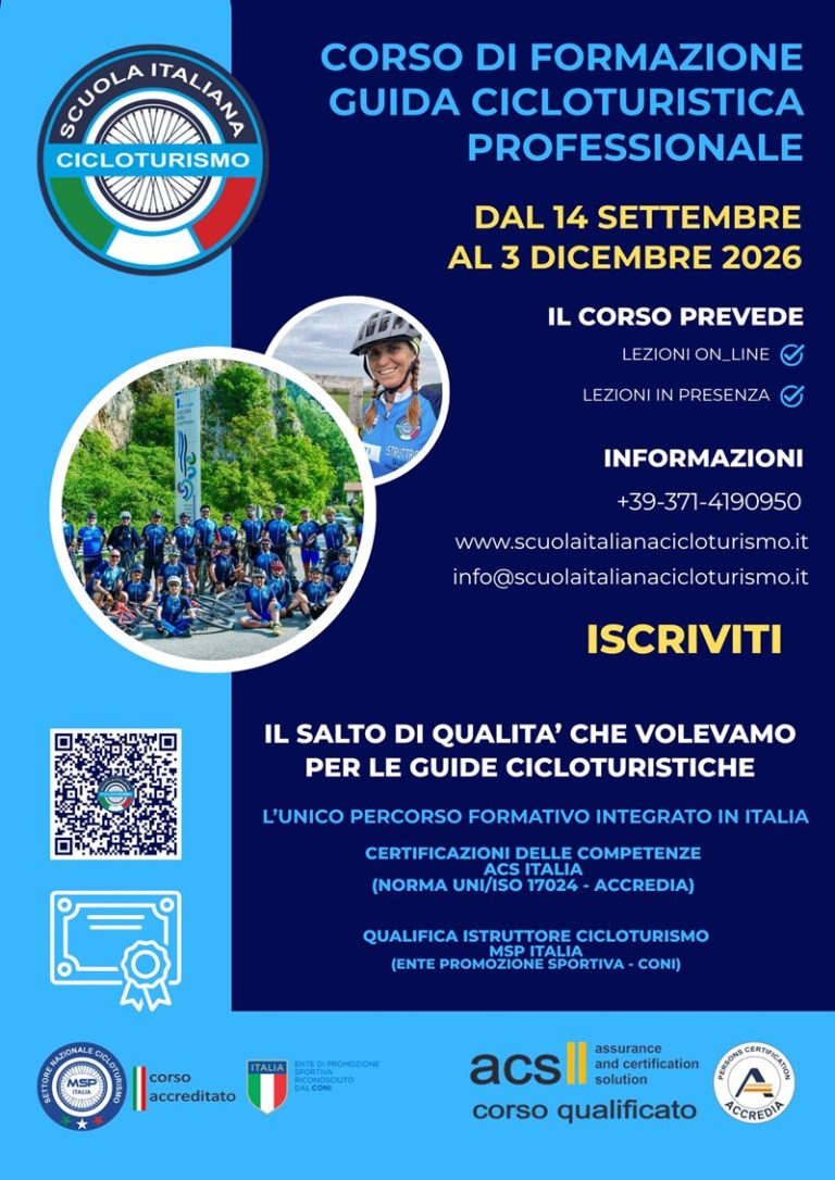 Locandina del Corso di Formazione Guida Cicloturistica Professionale, dal 14 settembre al 3 dicembre 2026